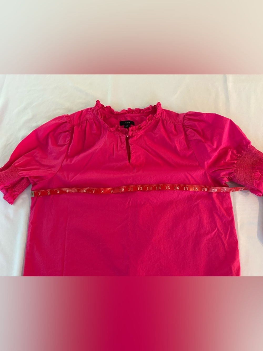 J. Crew Women’s Bright Pink Ruffle Neck Short Sleeve Blouse Sz. M - Picture 7 of 7
